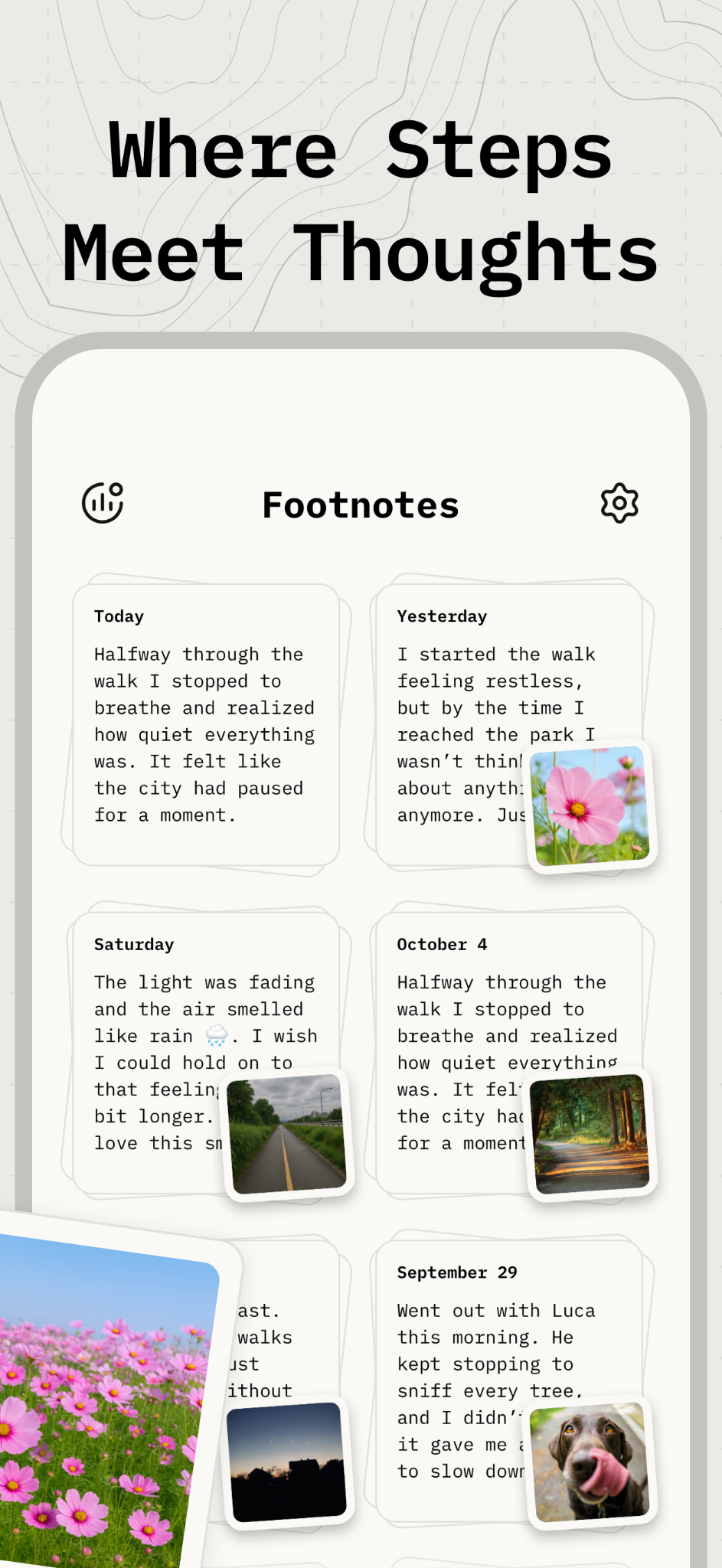 Footnotes journal with written notes and photos from each walk