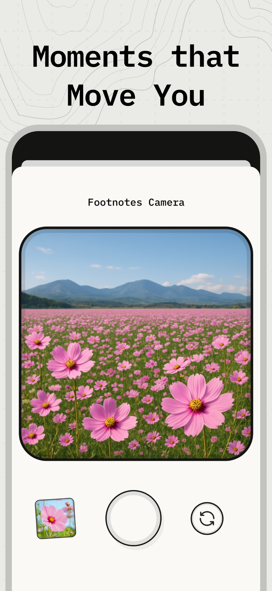 The Footnotes camera capturing a field of pink flowers