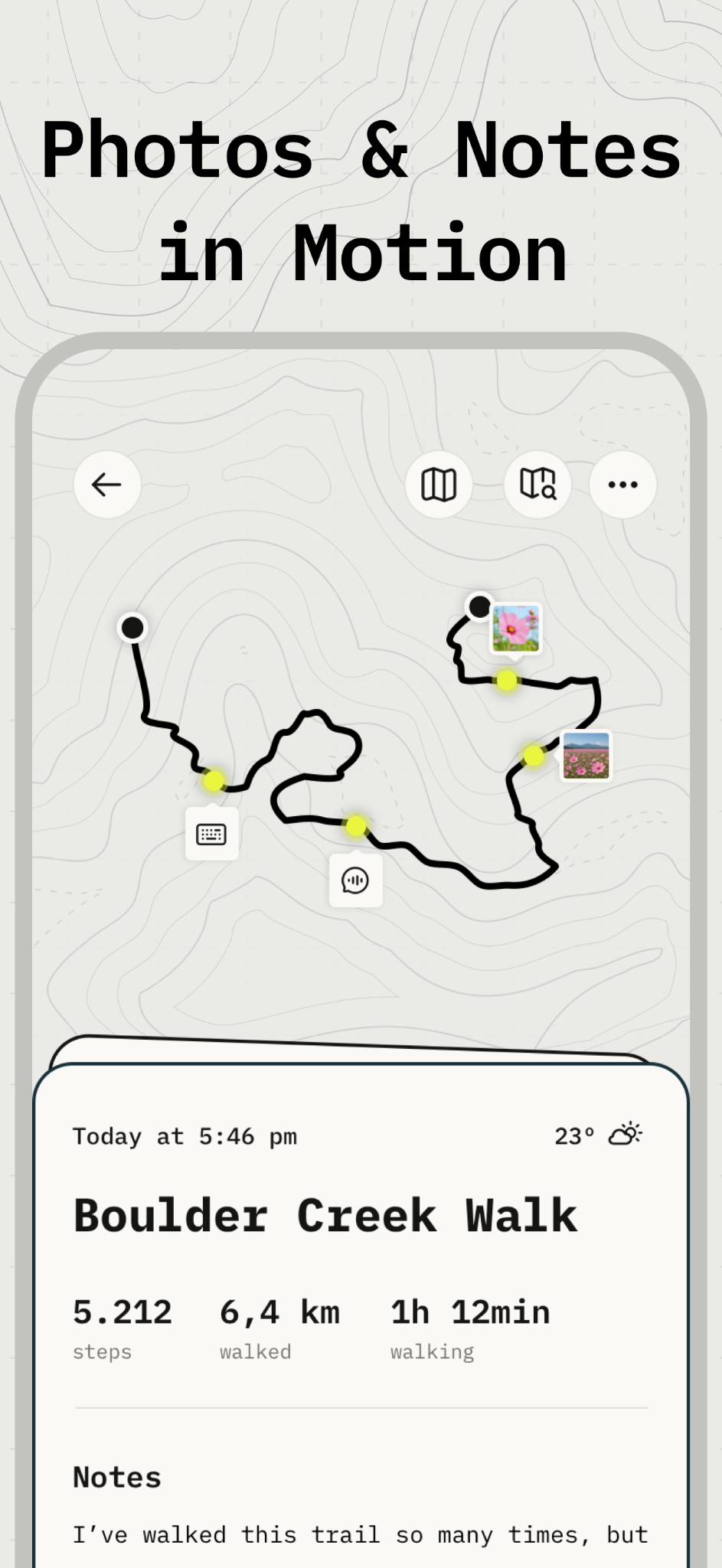 A Footnotes route with text notes, voice notes, and photos pinned to the map