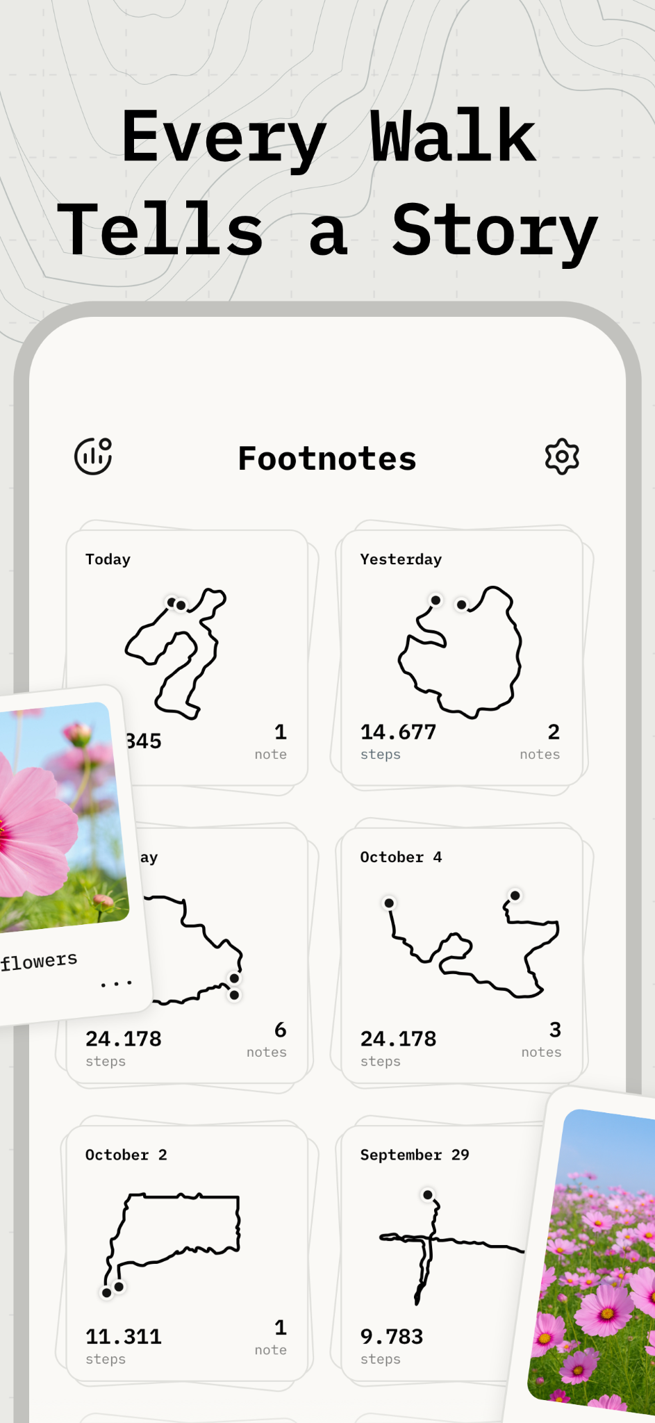 A collection of walks in Footnotes, each showing its route, steps, and notes